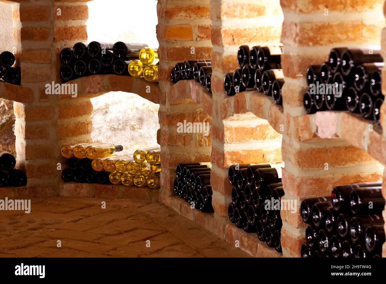 wine cellar, wine bottles, cellars, old bottles, wine, brick, vaults, storage, lighting, Styria, Austria, Styrian, lying, viticulture, production, win Stock Photo