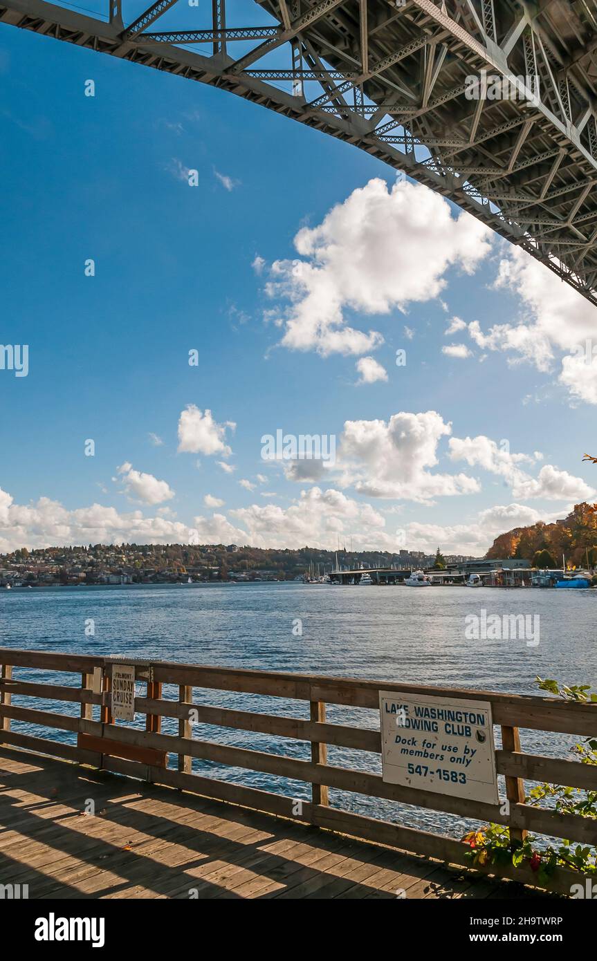 Along the Burke Gilman Trail near the underside of the Aurora Bridge