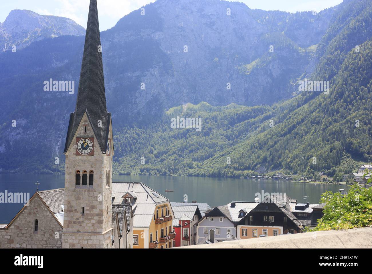 Aerial view of Hallstatt village in mountainous Salzkammergut region, Austria Stock Photo