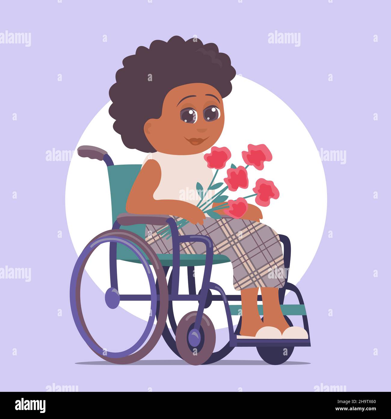 Elderly woman in a wheelchair with a bouquet of flowers. African American.  Taking care of people with disabilities. Vector cartoon isolated illustrati  Stock Vector Image \u0026 Art - Alamy, image size:1300x1390