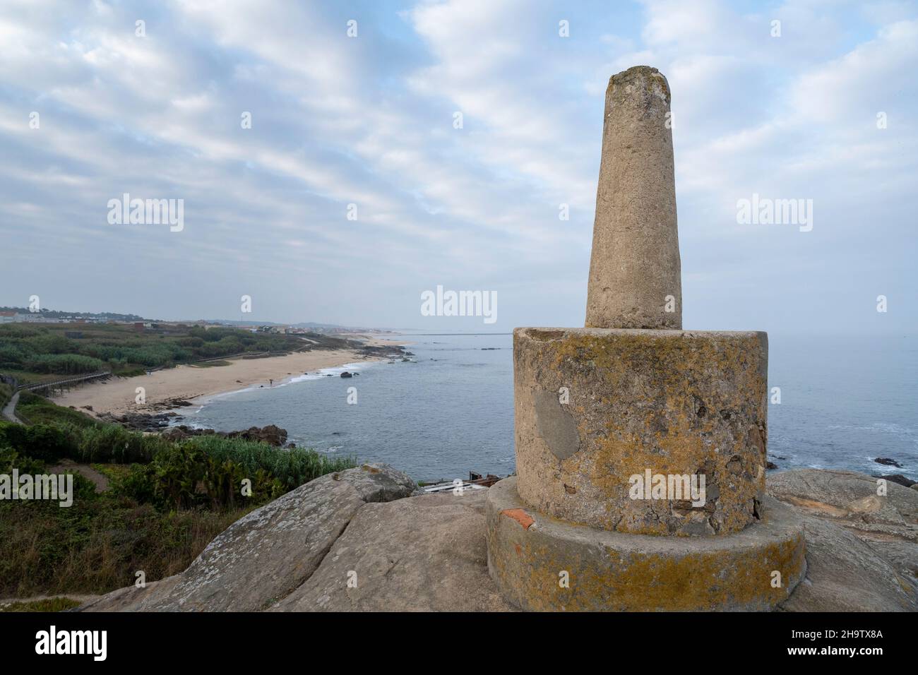 A geodesic vertex marker on Praia de Labruge along the Camino Portuguese in Labruge, Portugal. This route of the Camino de Santiago pilgrimage runs no Stock Photo