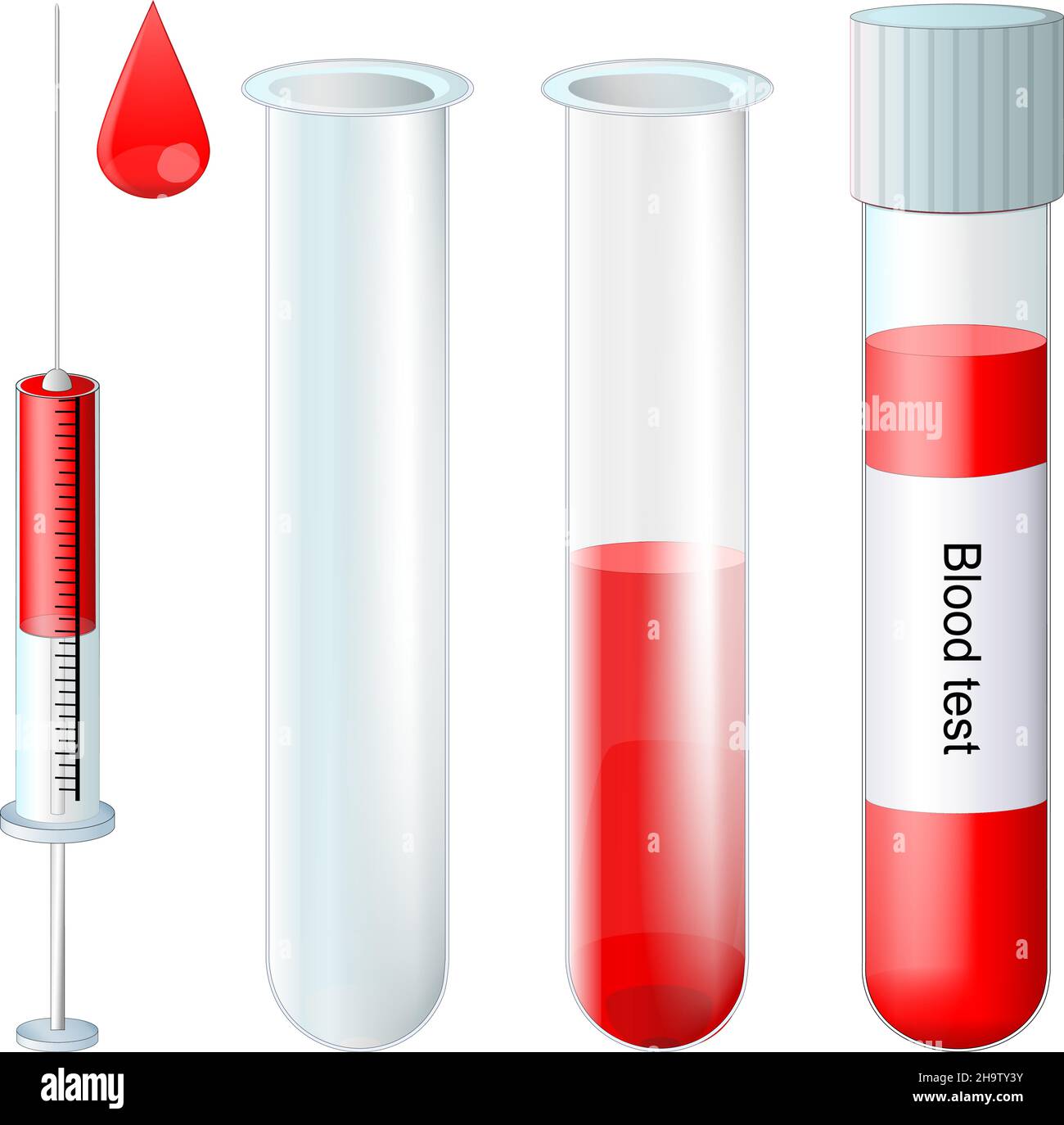 test tubes set. Collection culture tube full and empty. laboratory glassware. sample tube, drop of blood, and a syringe with a needle. blood test for Stock Vector