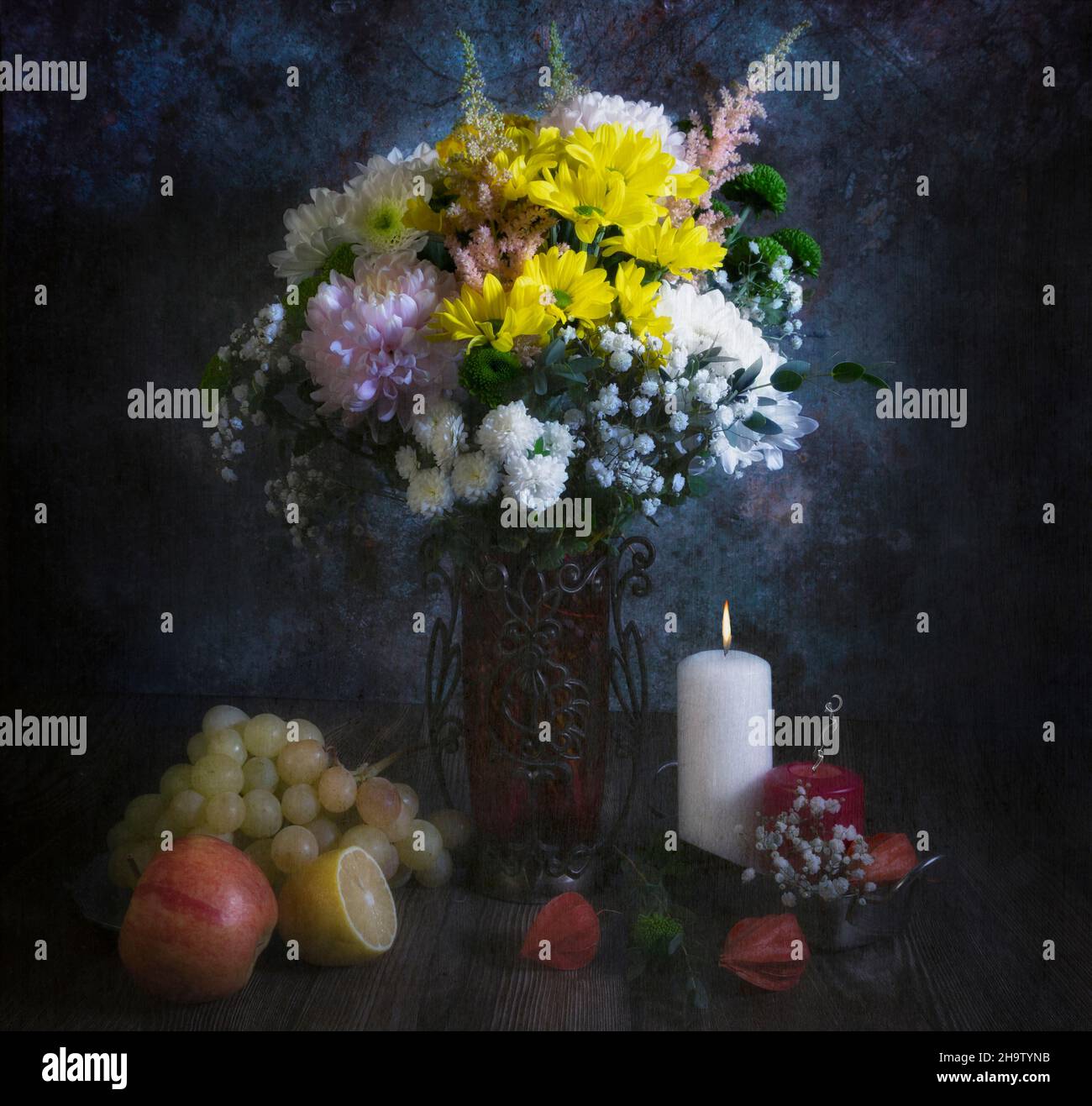 Still life with dahlias in vase (textured for artistic effect) Stock Photo