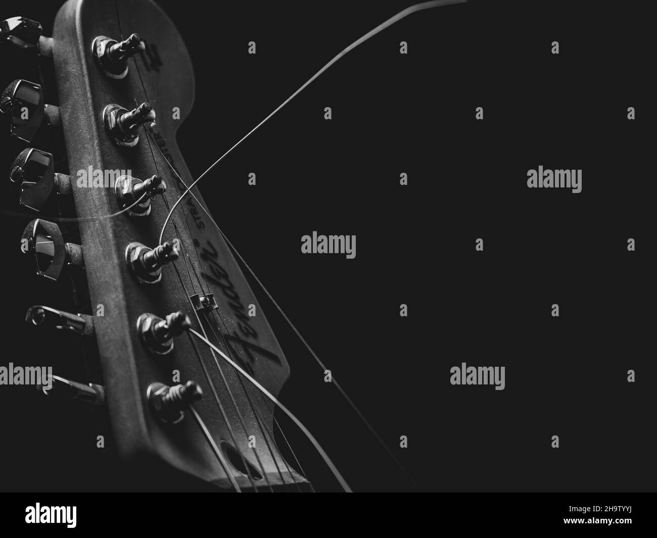 AIRDRIE, CANADA Oct 21, 2021 A closeup grayscale of the Fender