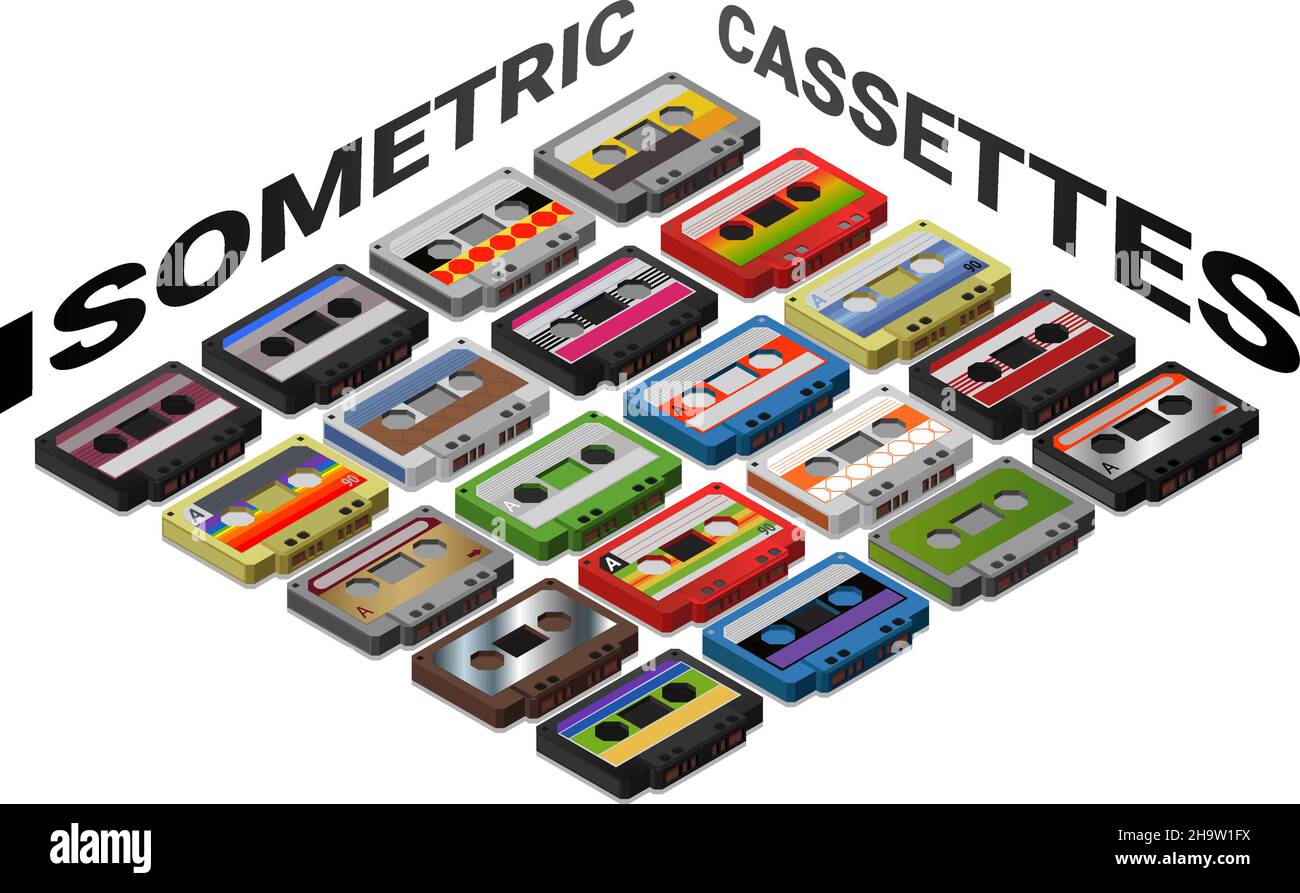 Isometric Colored Cassette Tapes in Perfect Vector Graphics Stock Vector