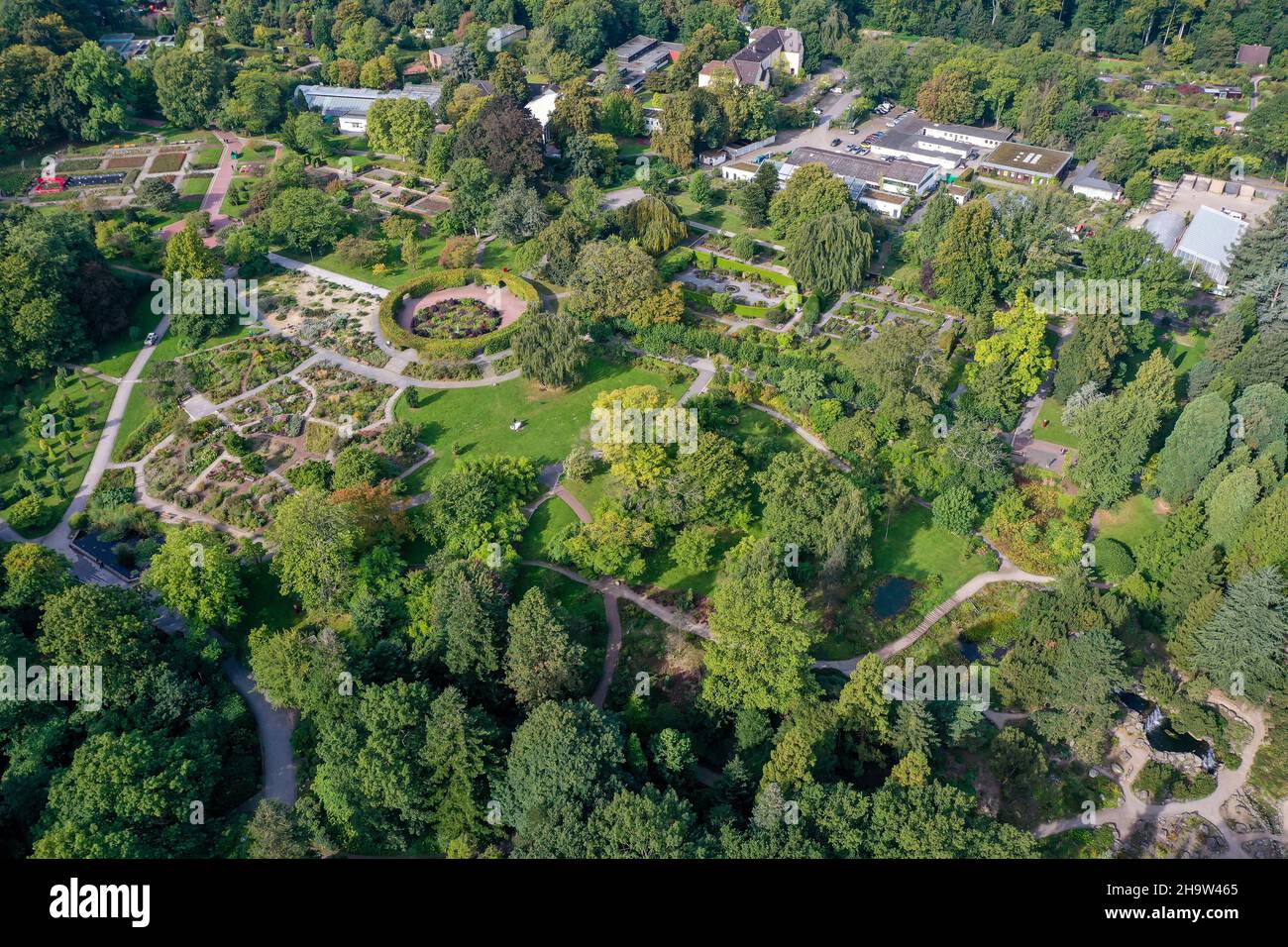 '21.09.2021, Germany, North Rhine-Westphalia, Essen - Grugapark, a park in Essen, originated from the first Grossen Ruhrlaendischen Gartenbau-Ausstell Stock Photo