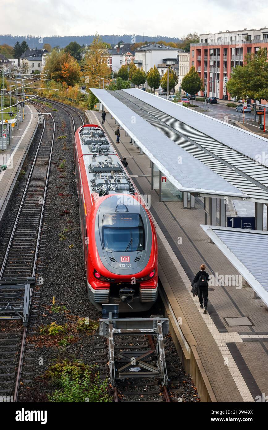 '15.10.2021, Germany, North Rhine-Westphalia, Iserlohn - Iserlohn train station. Iserlohn station is the stopping point located in the center of Iserl Stock Photo