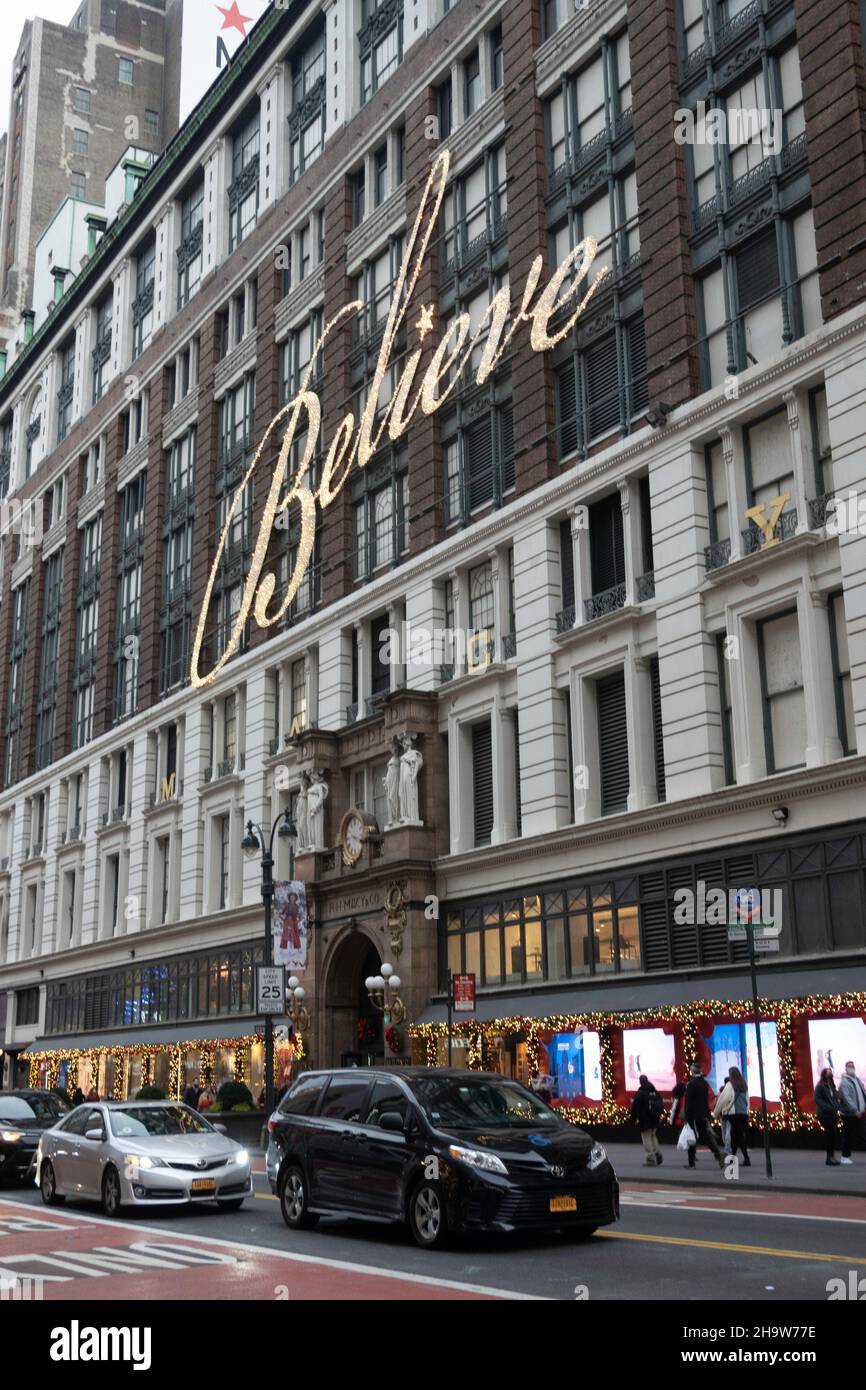 The exterior of Macy's flagship store in Herald Square is decorated for