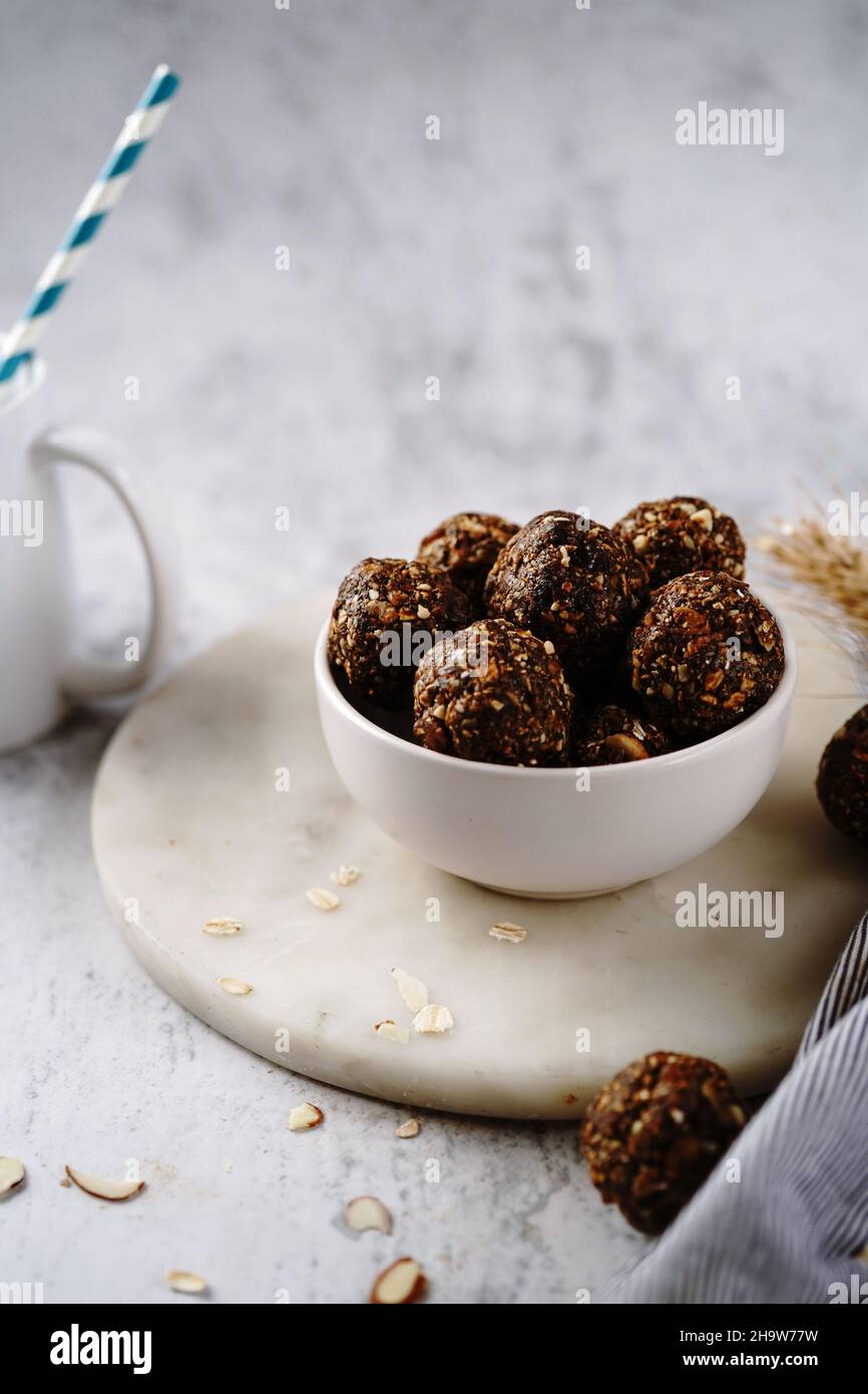 No bake raw energy protein balls with oats nuts and dates, selective focus Stock Photo Alamy