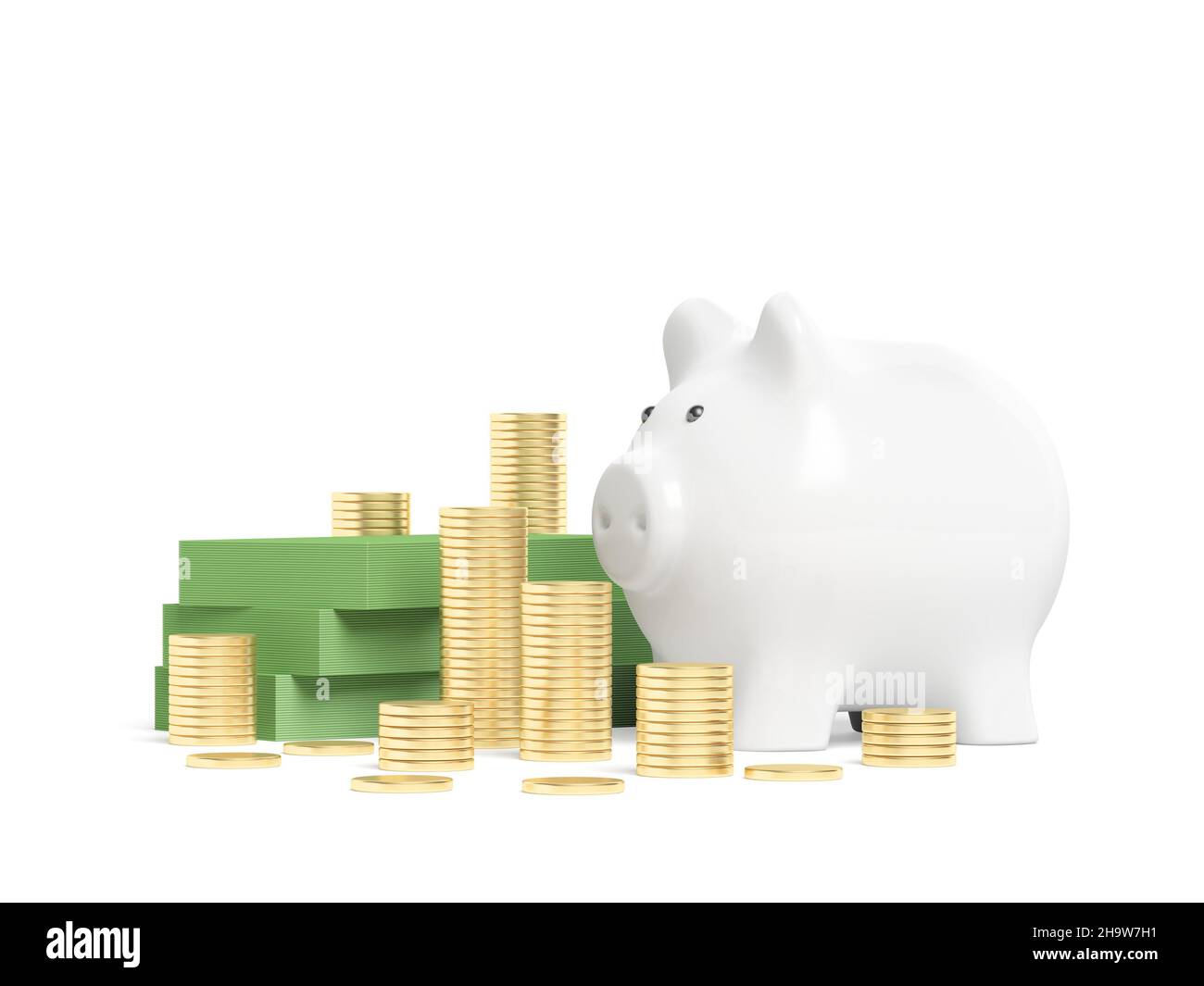 Money and piggy bank isolated on white background. 3d illustration. Stock Photo
