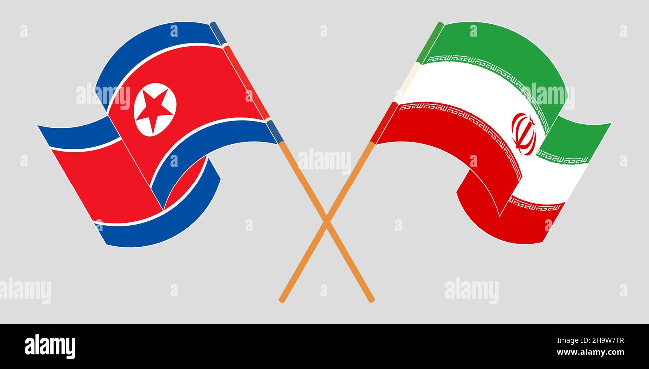 Crossed and waving flags of Iran and North Korea. Vector illustration