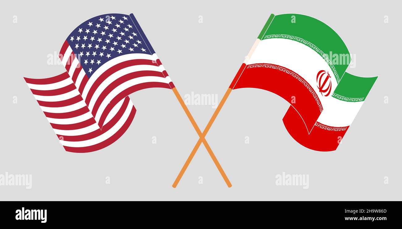 Crossed and waving flags of Iran and the USA. Vector illustration Stock Vector