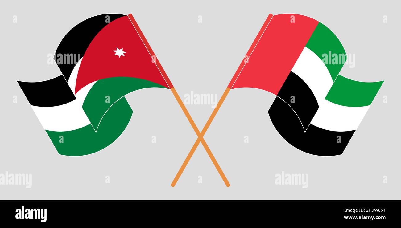 Crossed and waving flags of Jordan and the United Arab Emirates. Vector