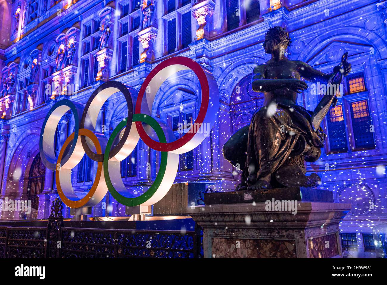 Olympic sign in Paris. Getting ready for the Olympic Games 2024 Stock