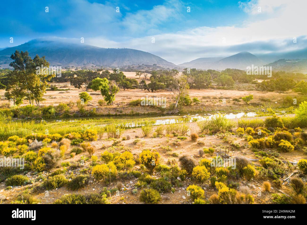 aerial view of Santa Ynez River above Lake Cachuma, Santa Ynez Valley, California Stock Photo