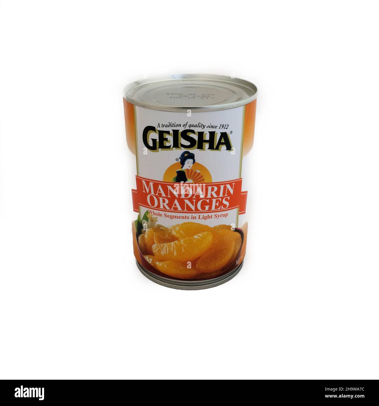 A 15 ounce or 425 gram tin can of Geisha brand mandarin oranges whole