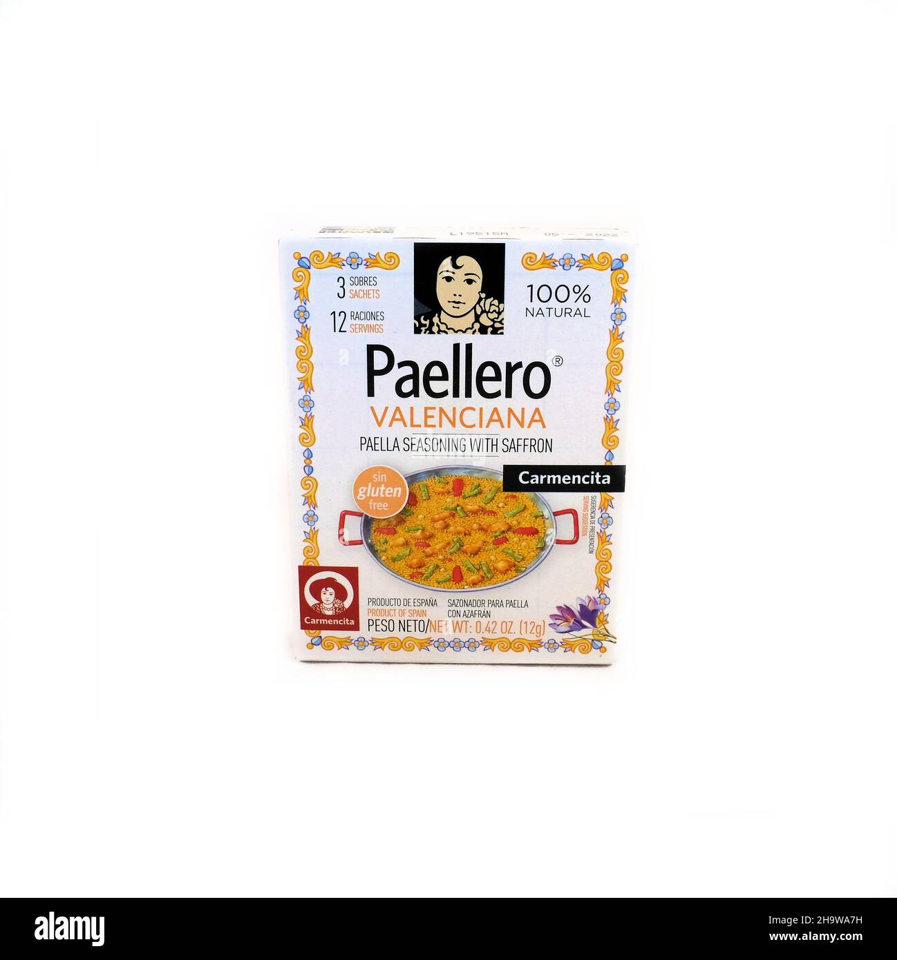 Paellero Valenciana brand paella seasoning mix with saffron on a white background; Carmencita brand foods; Spanish ingredients and cooking. Stock Photo
