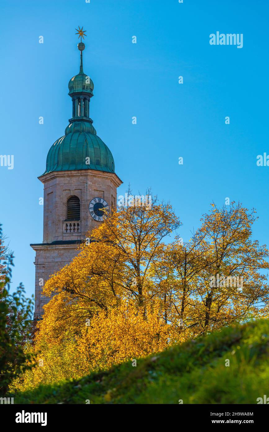 Tower of Franciscan Church 'Under lieben Frau am Anger', Berchtesgaden, Upper Bavaria, Southern Germany Stock Photo