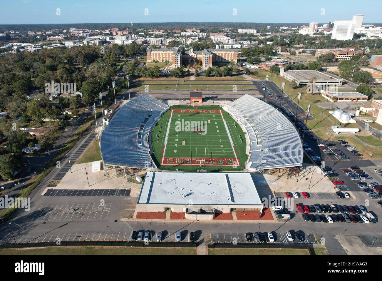 An aerial view of Bragg Memorial Stadium on the campus of Florida A&M
