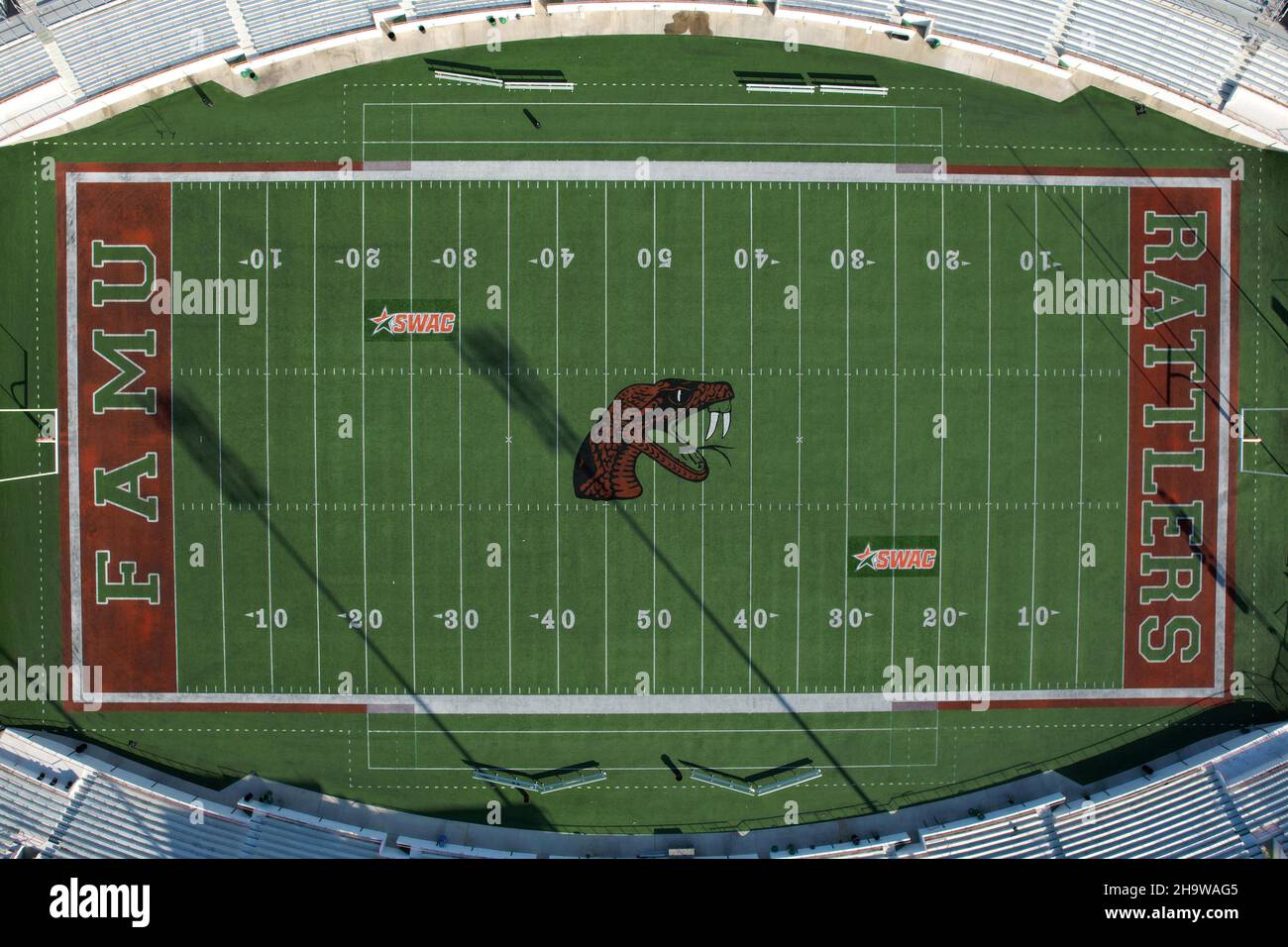 An aerial view of Bragg Memorial Stadium on the campus of Florida A&M