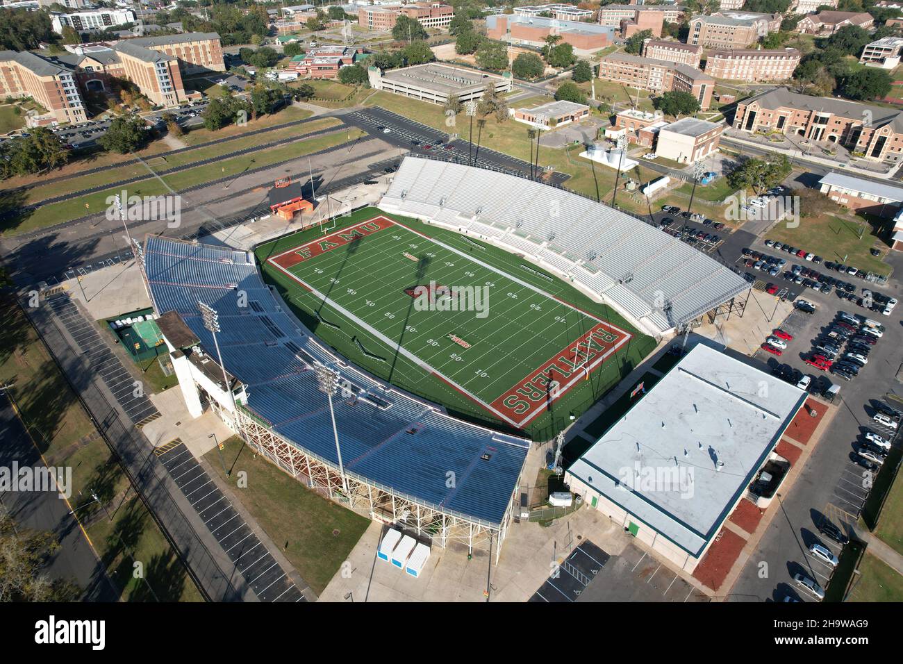 An aerial view of Bragg Memorial Stadium on the campus of Florida A&M