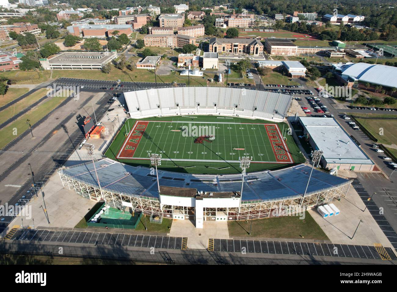 An aerial view of Bragg Memorial Stadium on the campus of Florida A&M University, Saturday, Nov. 20, 2021, in Tallahassee, Fla. The stadium, named aft Stock Photo