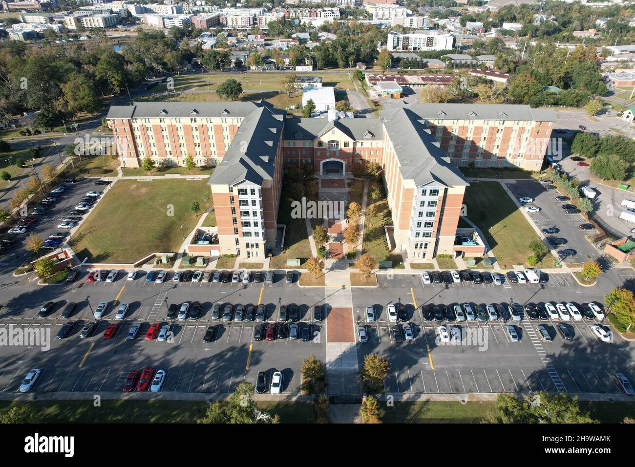 An aerial view of Polkinghome Village Apartments on the campus of ...