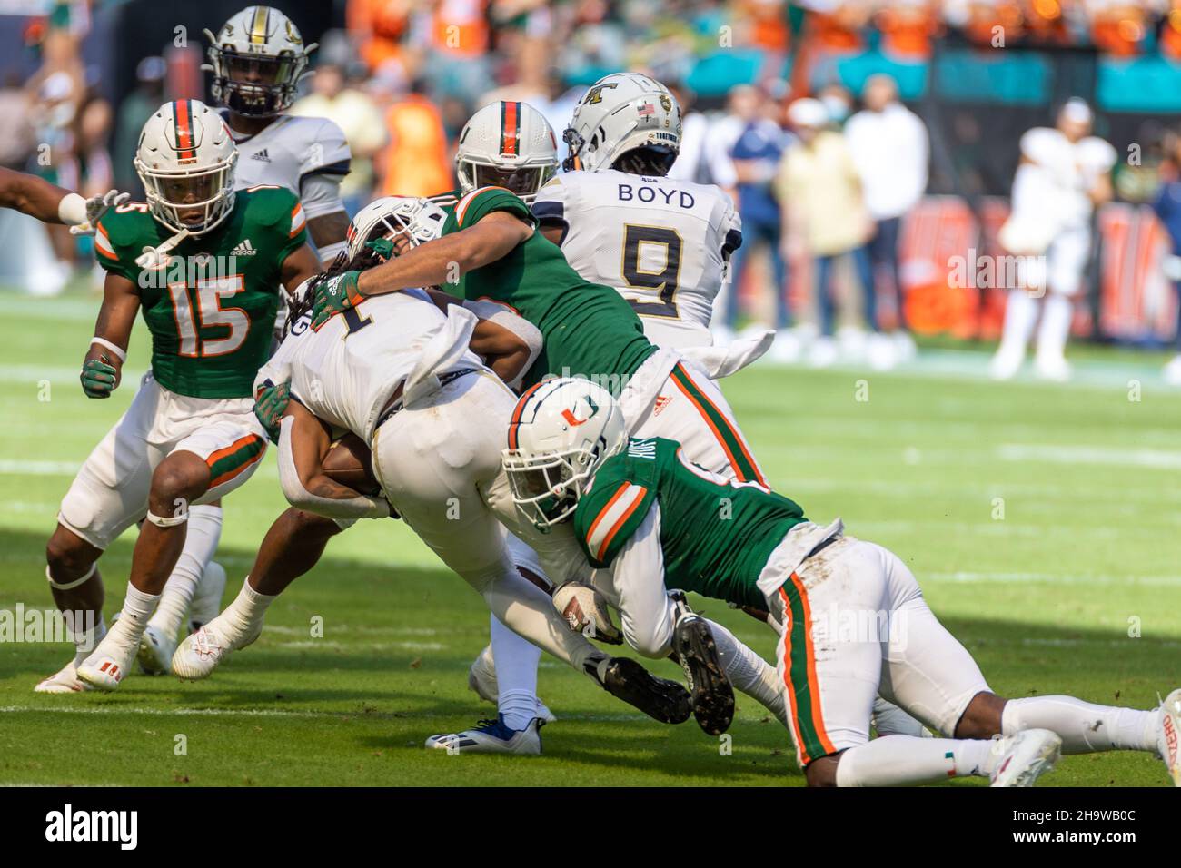 Miami Hurricanes v Georgia Tech Yellow Jackets, 2021 College Football Game in Hard Rock Stadium. Stock Photo