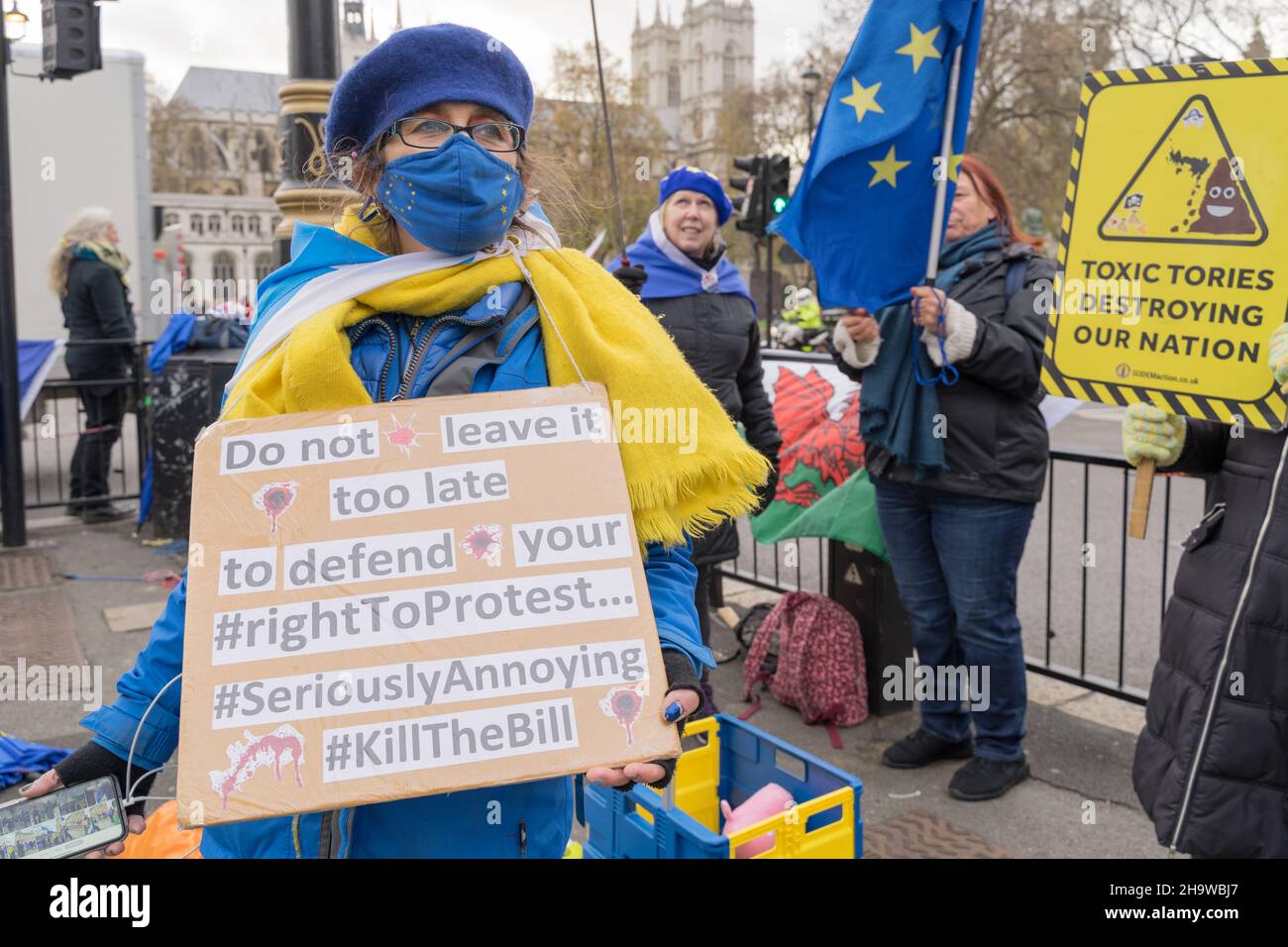 London Westminster UK 08 December 2021: A group of protestors in Parliament square opposing a new policing bill put forward by the Government ,  its third reading in the House of Lords this week, the bill disallows peaceful protests and marches. Credit: Xiu Bao/Alamy Live News Stock Photo