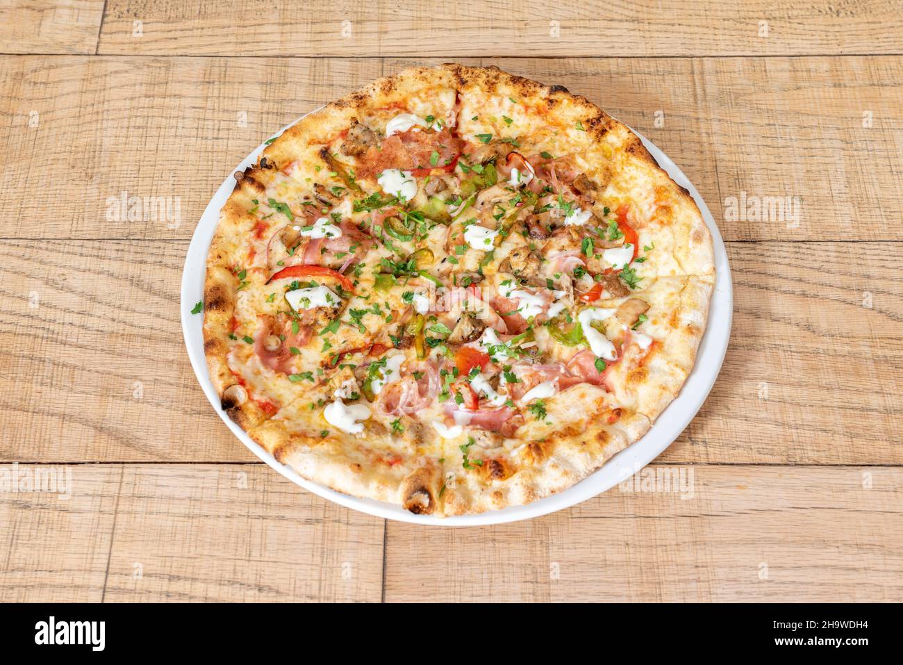 Pizza flavored with Mexican fajitas cooked in the stone oven Stock