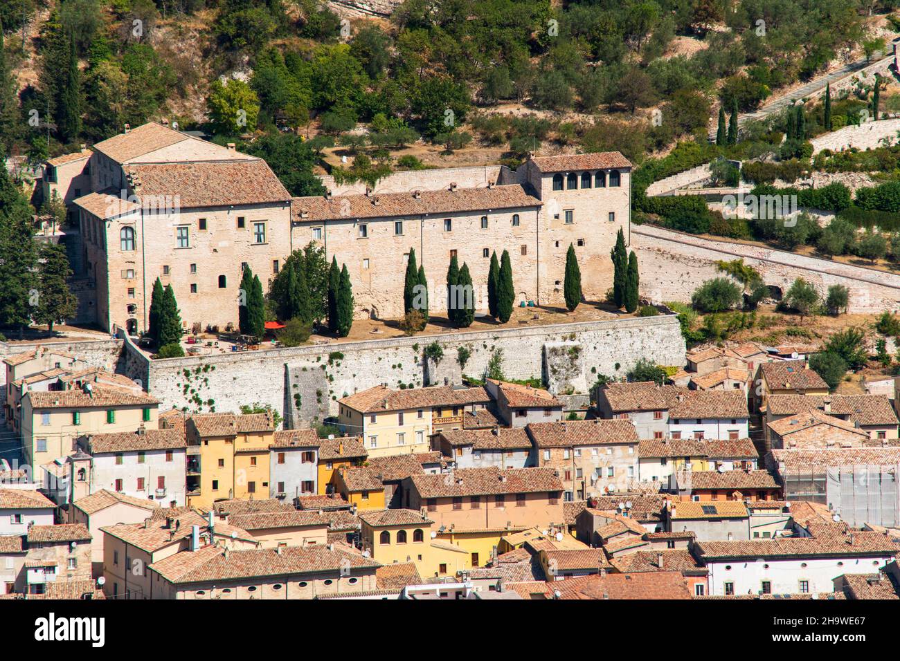 Areal landcape of the medieval riverside Fossombrone town in Urbino, Marche, Italy Stock Photo