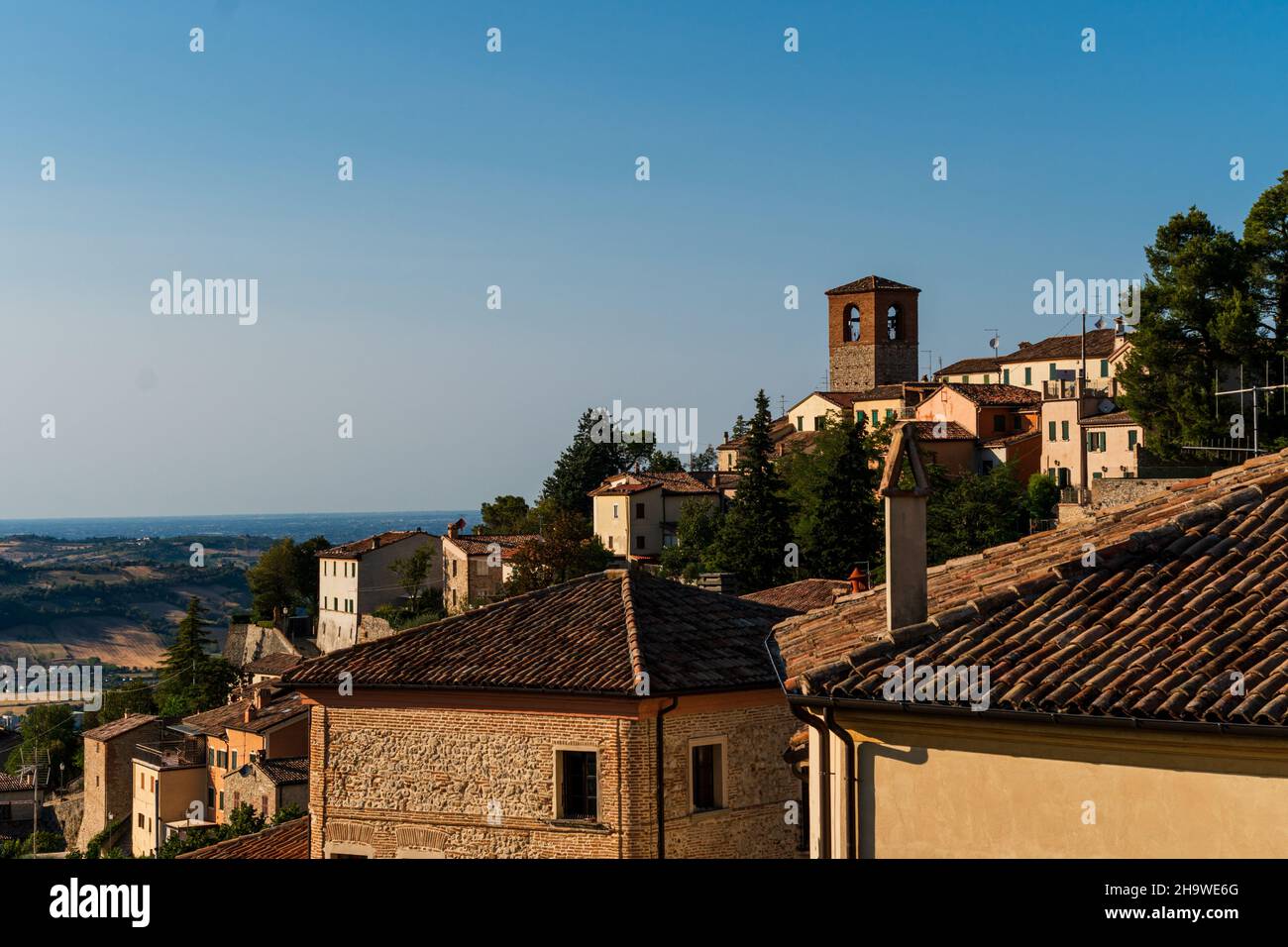 Areal landcape of the medieval riverside Fossombrone town in Urbino, Marche, Italy Stock Photo