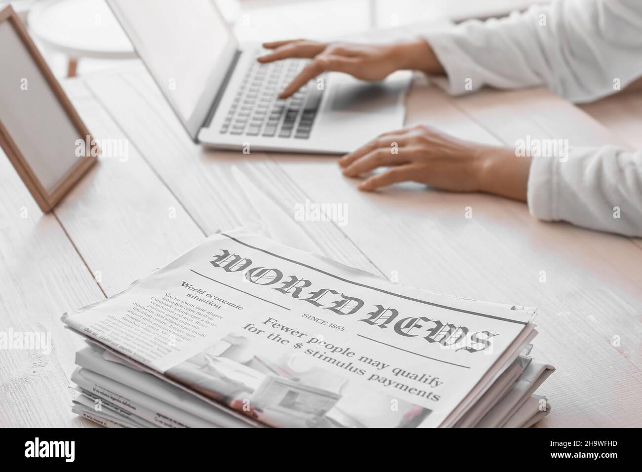 Stack of newspapers on table, closeup Stock Photo