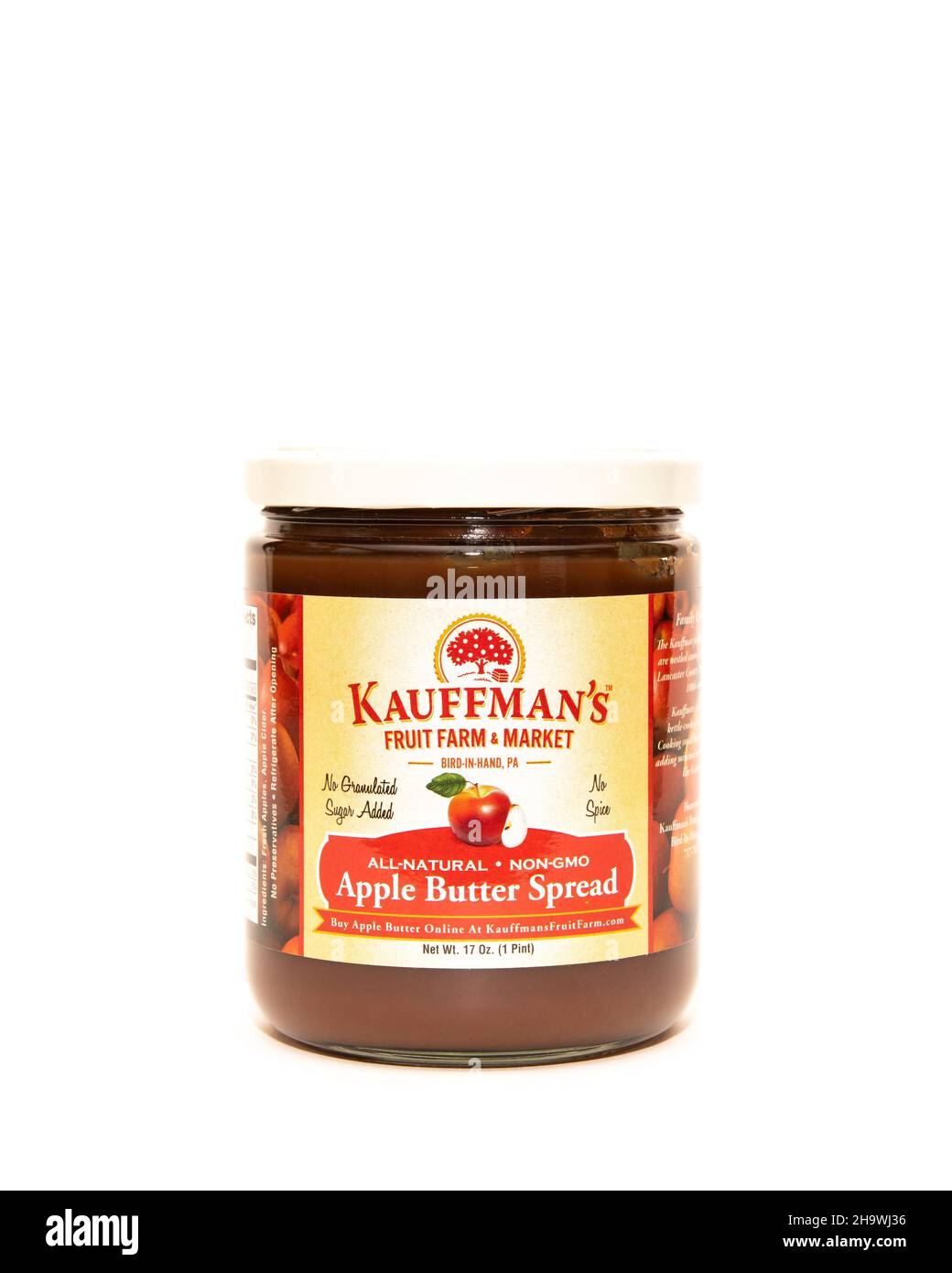 A jar of Kauffman's Fruit Farm & Market all natural Apple Butter Spread isolated on white. Stock Photo