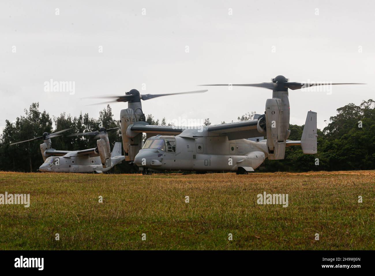 U.S. Marine Corps MV-22B Ospreys with Marine Medium Tiltrotor Squadron 265 (Rein.), 31st Marine Expeditionary Unit (MEU), perpares to take off during fast-rope training drills at Camp Hansen, Okinawa, Japan, Dec. 2, 2021. Bravo Company conducted the training in order to maintain certification for 31st MEU heliborne operations and build a relationship with their Air Command Element counterparts. The 31st MEU, the Marine Corps’ only continuously forward-deployed MEU, provides a flexible and lethal force ready to perform a wide range of military operations as the premier crisis response force in Stock Photo