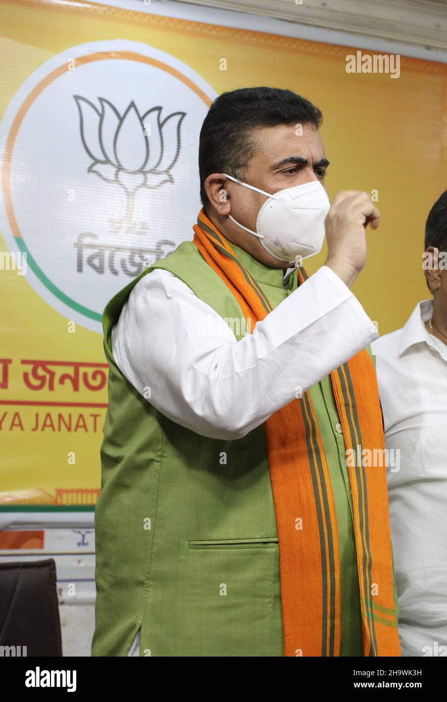 Kolkata, India. 08th Dec, 2021. BJP Nandigrame MLA Suvendu Adhikari lead the press conferences with Samik Bhattacharya, Dinesh Trivedi and Baishali Dalmiya at BJP State party office in Kolkata. A delegation of West Bengal BJP leaders led by Suvendu Adhikari wrote to the State Election Commission (SEC) seeking use of VVPATs (Voter Verified Paper audit Trail) and deployment of central forces (CAPF) for the upcoming Kolkata Municipal Corporation polls. Credit: Pacific Press Media Production Corp./Alamy Live News Stock Photo