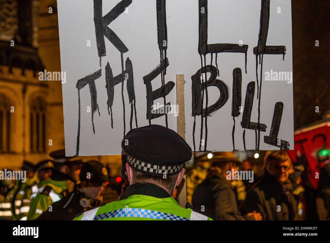 London, UK. 08th Dec, 2021. Protesters gather outside the Houses of Parliament during the demonstration. Demonstrators gathered at the House of Lords to add pressure to the Lords third reading and vote on the Policing, Crime, Sentencing and Courts Bill. Credit: SOPA Images Limited/Alamy Live News Stock Photo