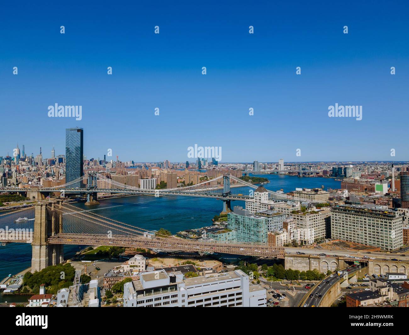 Aerial view of New York City skyline Brooklyn across the Hudson River ...