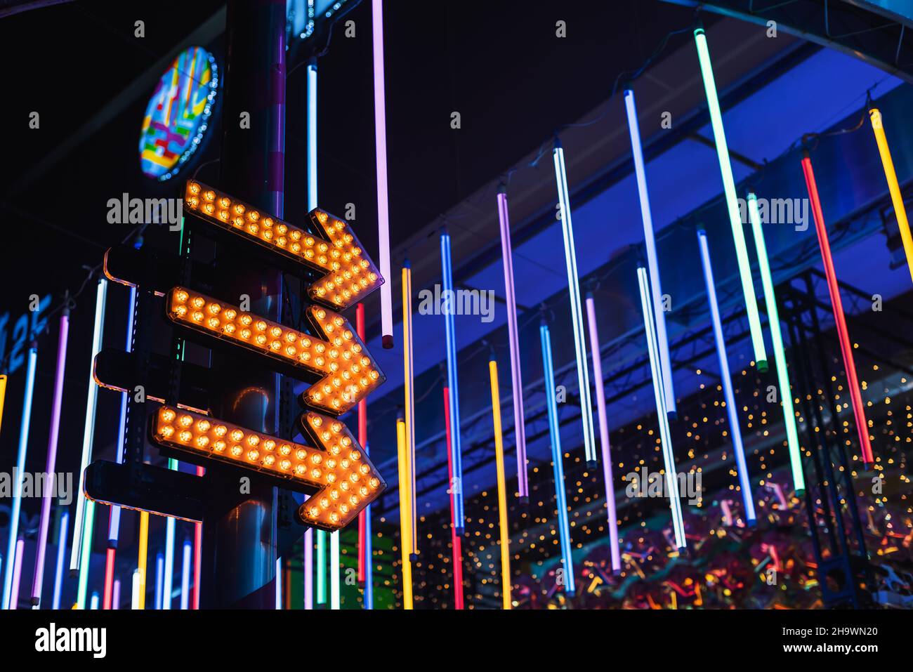 Colorful neon lights at night low angle view Stock Photo