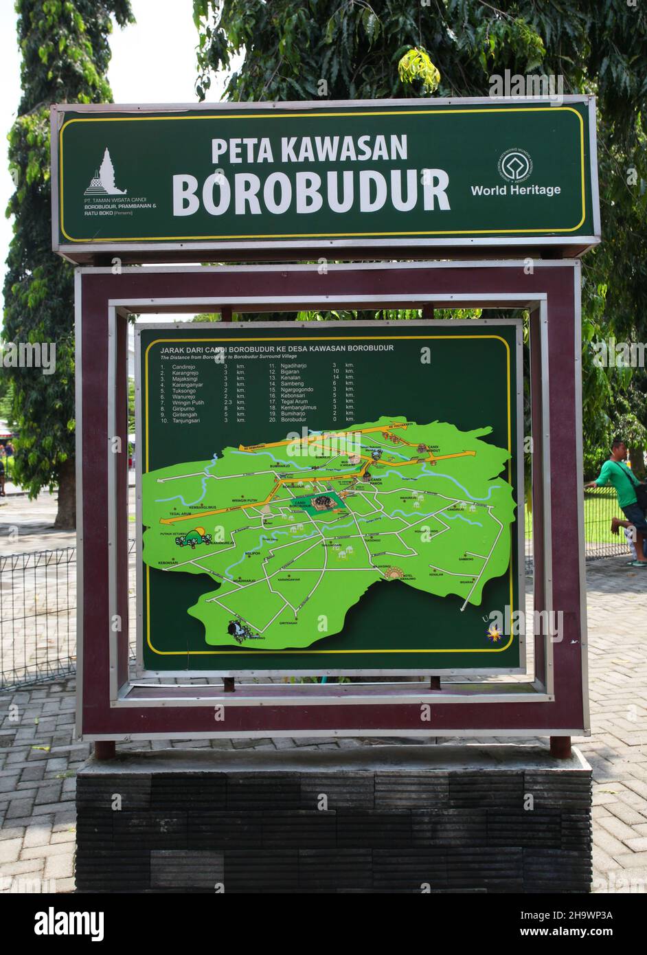 A sign with a map of the vicinity around and including Borobudur Temple in Magelang, Central Java, Indonesia. Stock Photo