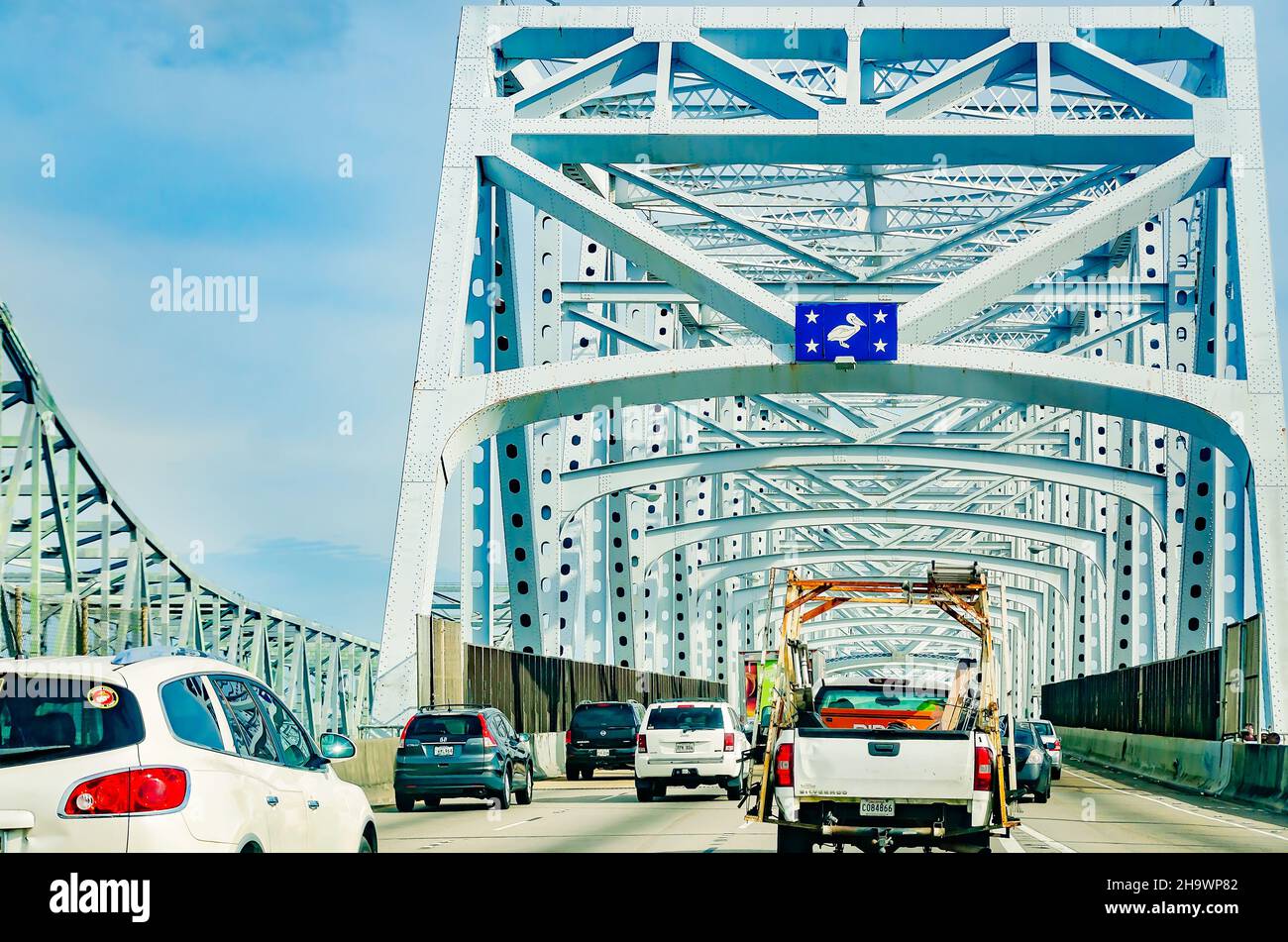 The Crescent City Connection is pictured, Dec. 7, 2021, in New Orleans, Louisiana. The Crescent City Connection is a pair of twin cantilever bridges. Stock Photo