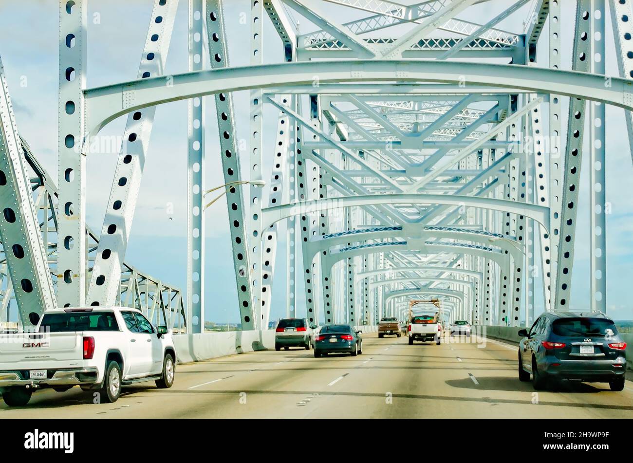 The Crescent City Connection is pictured, Dec. 7, 2021, in New Orleans, Louisiana. The Crescent City Connection is a pair of twin cantilever bridges. Stock Photo