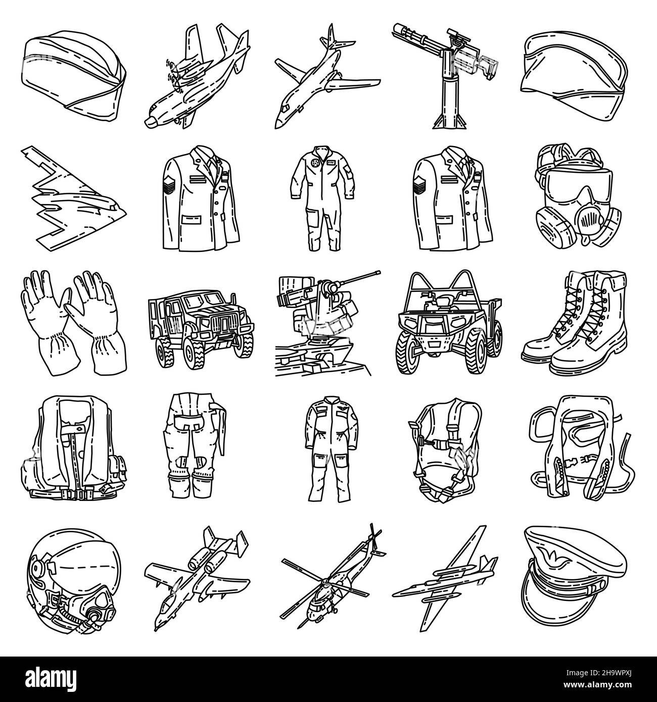 Military and Air Force Equipments Hand Drawn Icon Set Vector. Stock Vector