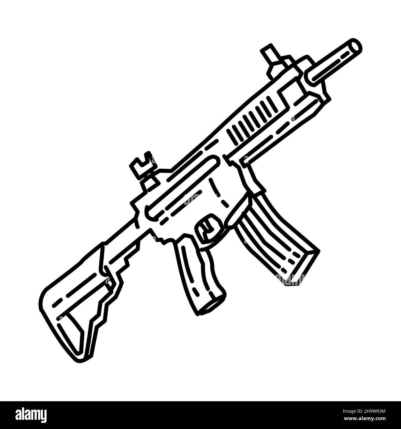 Battle Rifle for Army Weapon Part of Military and Army Force Equipments Hand Drawn Icon Set Vector. Stock Vector