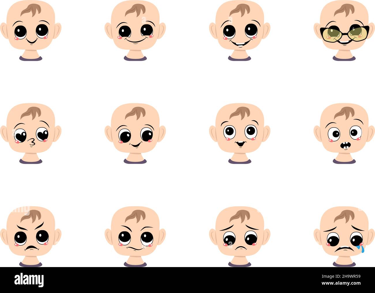 Set of baby avatar with big eyes and wide smile and different emotions ...