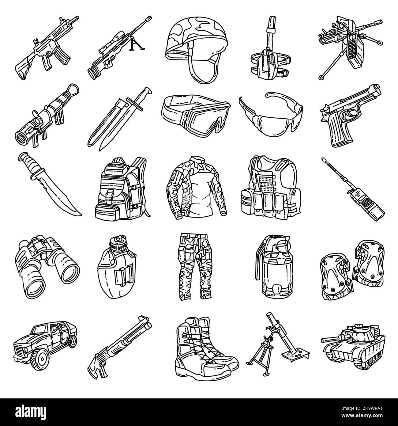 Military and Army Force Equipments Hand Drawn Icon Set Vector. Stock Vector