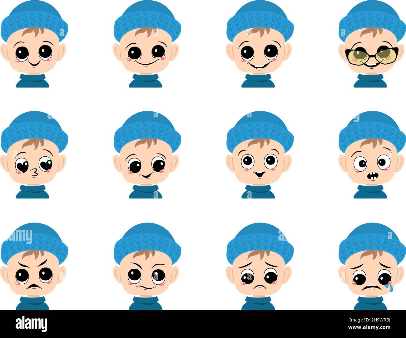 Set of baby avatar with big eyes and wide smile and different emotions ...