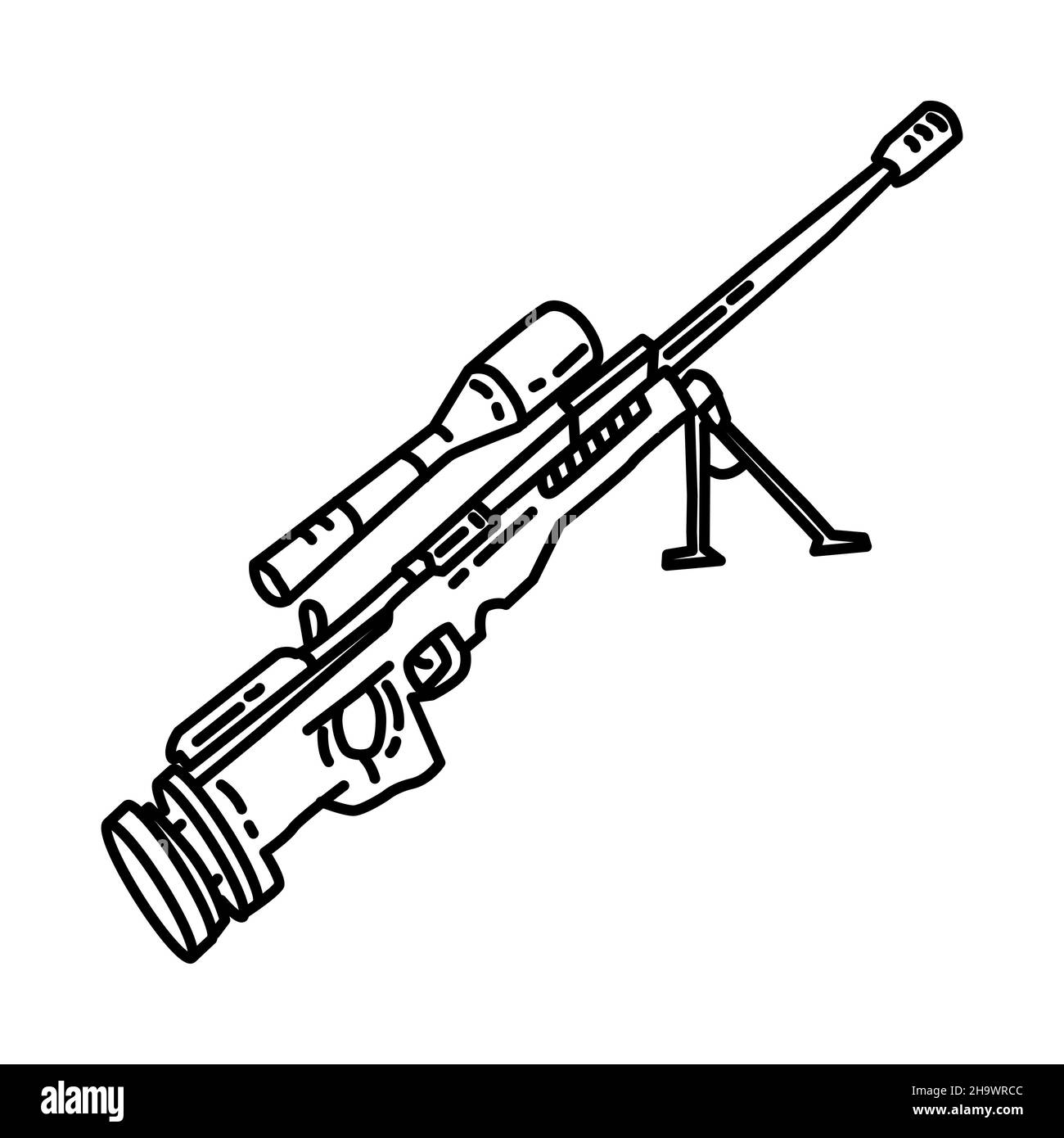 Sniper Rifle Army Part of Military and Army Force Equipments Hand Drawn Icon Set Vector. Stock Vector