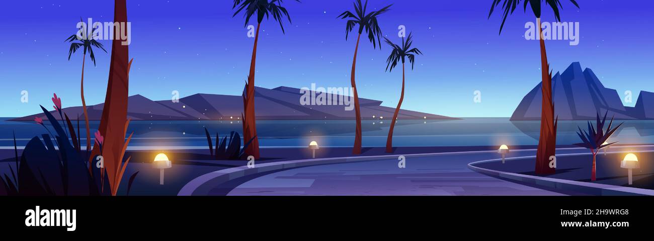 Road on sea beach with palm trees and rocks in water at night. Vector cartoon illustration of tropical landscape with highway, ocean shore with grass, flowers and mountains at evening Stock Vector