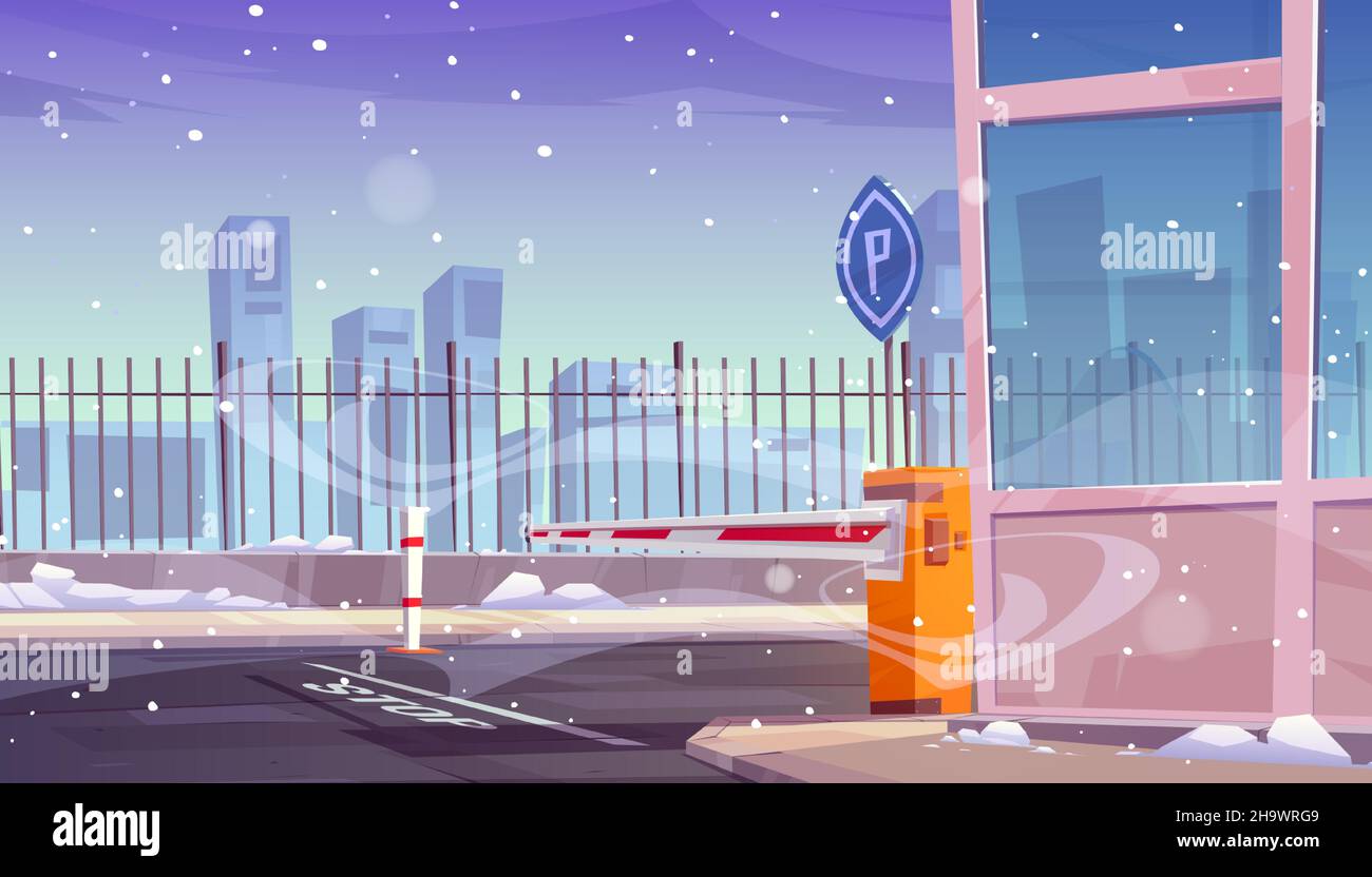 Entrance to security parking with automatic car barrier. Vector cartoon illustration of automobile park entry with closed boom gate, road sign, stop line, fence and booth. Checkpoint in winter Stock Vector